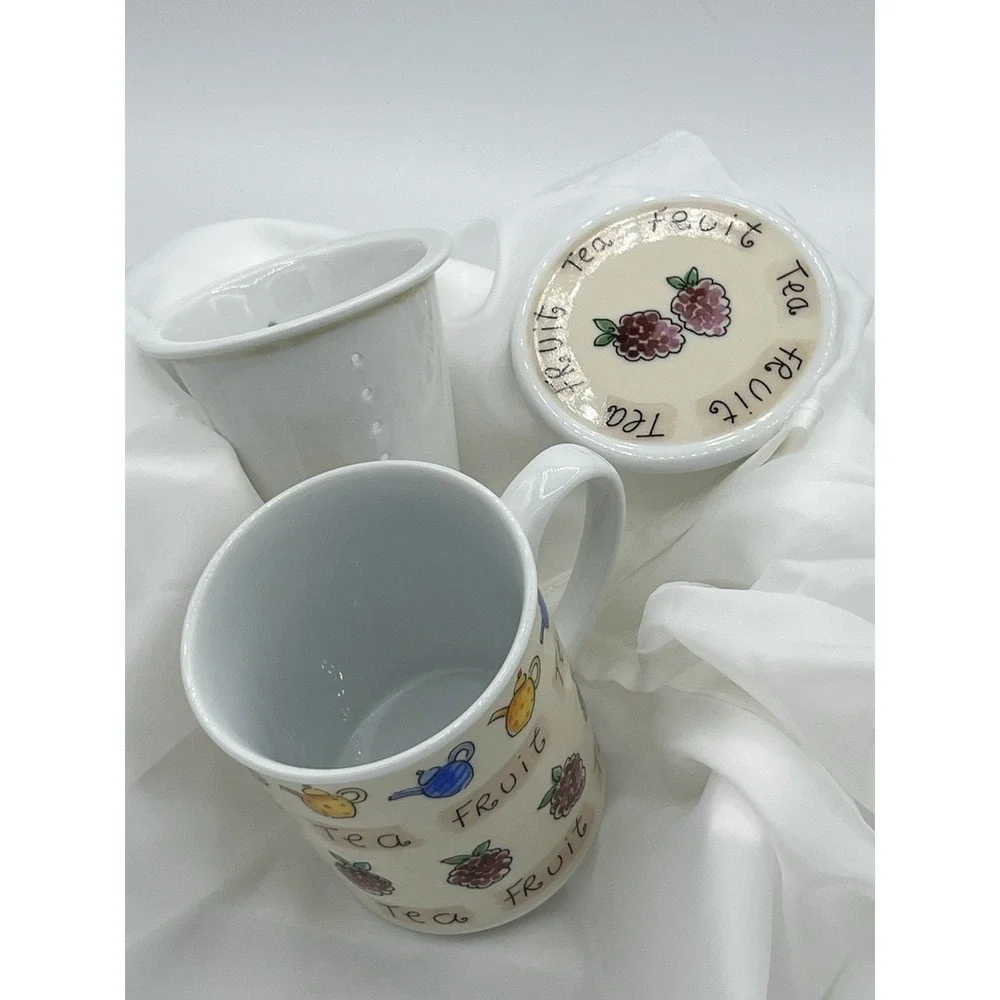 Vintage Ceramic Fruit Tea Mug with Lid Hand Painted Blackberry & Teapot Motif